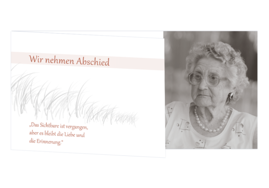 Asymmetrische Klappkarte mit gezeichnetem Dünengras, viel Weissraum und roter Schrift