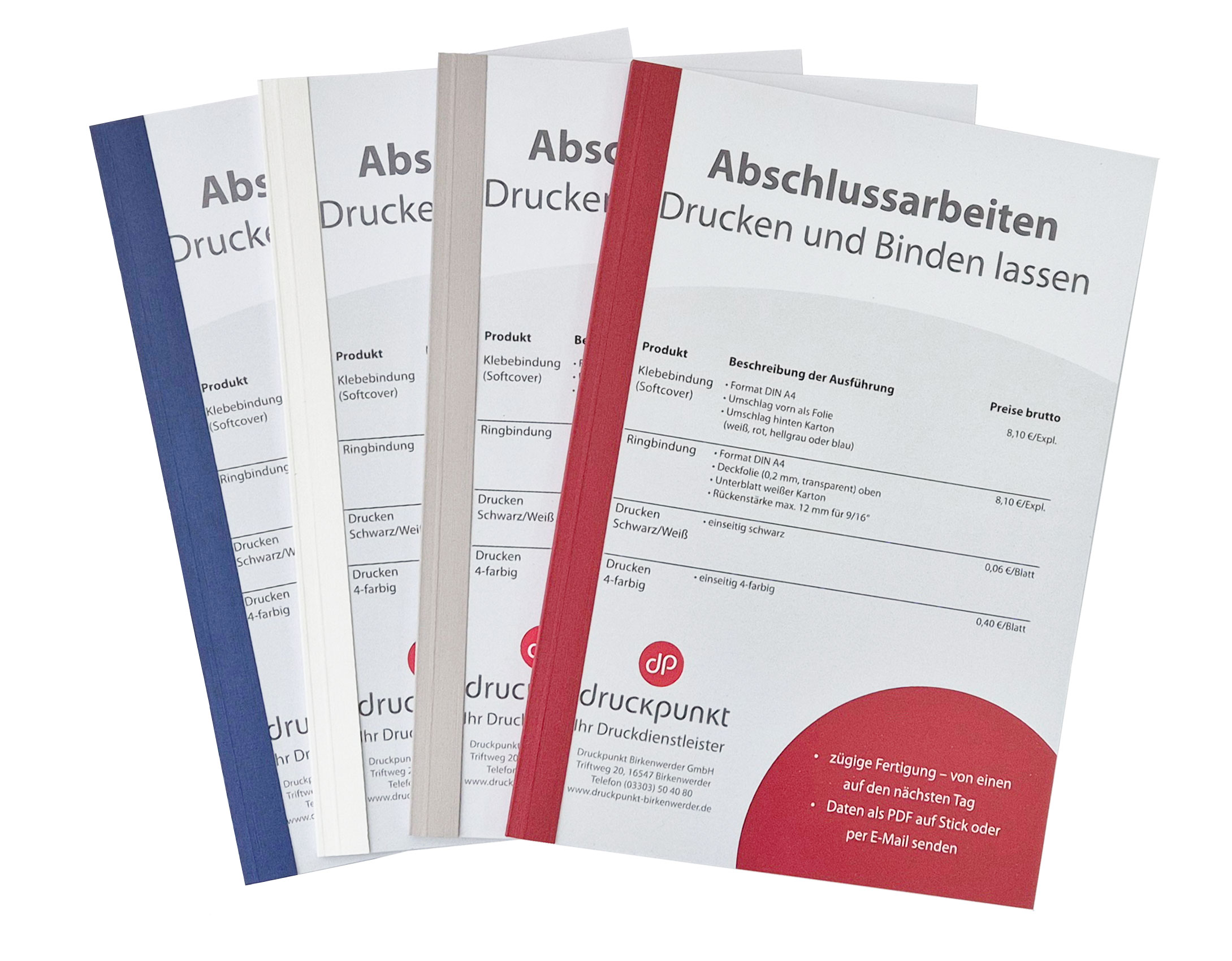 Abschlussarbeiten als Softcover-Klebebindungen in vier verschiedenen Farben